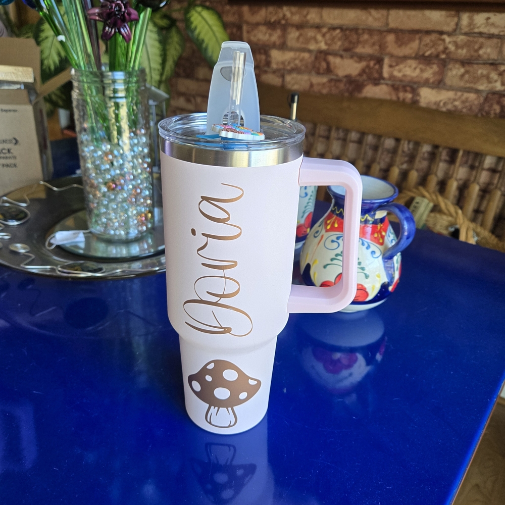 Pink Personalized Tumbler with Mushroom Design